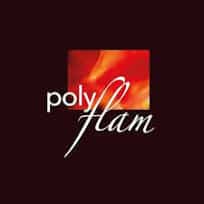 L'image montre un logo avec le texte « poly flam » en lettres blanches. Le fond du logo est un dégradé de couleurs rouge et orange, créant l'apparence de flammes. Le fond est marron foncé, reflétant l'essence des produits Polyflam.