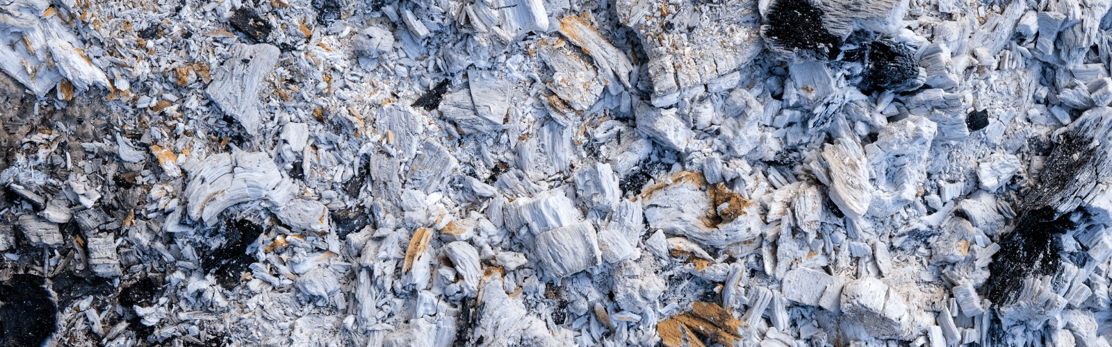 Gros plan sur des cendres grises et blanches et des débris de bois brûlés, montrant un mélange de morceaux carbonisés et intacts. La texture est rugueuse et irrégulière, avec certaines zones présentant des restes noircis, indiquant une combustion récente, parfaite pour une utilisation dans diverses applications.