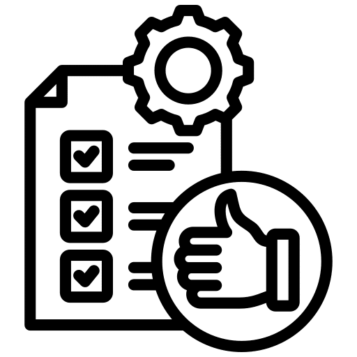 Une icône noire et blanche présente une liste de contrôle avec des coches, un symbole d'engrenage au-dessus représentant des paramètres ou des options, et un grand symbole de pouce levé au premier plan indiquant l'approbation ou la satisfaction, soulignant la qualification.
