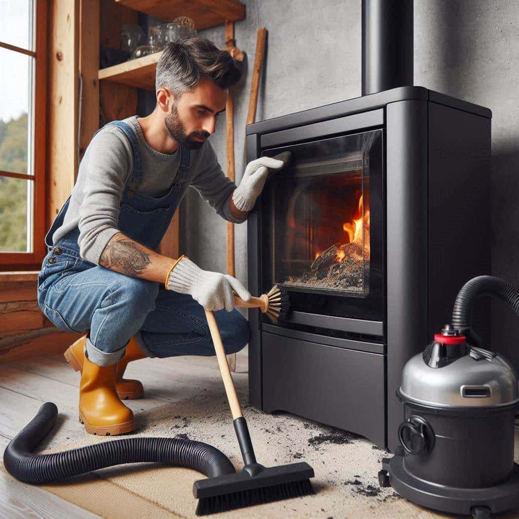 Un homme en salopette et gants s'occupe méticuleusement de l'entretien d'un poêle à bois avec une brosse et un aspirateur. Un petit feu crépite à l'intérieur, projetant une lueur chaleureuse dans la pièce en bois. Des cendres et de la suie sont visibles sur le sol, tandis qu'il veille à ce que chaque recoin soit impeccable pour gérer efficacement le poêle à granulés.