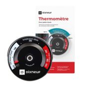 Un thermomètre de conduit de la marque Dixneuf avec l'emballage du produit en arrière-plan. Le thermomètre indique les plages de température de 0 à 500°C, mettant en évidence la température idéale, l'excès d'air et les zones trop chaudes. Le logo Dixneuf est visible à la fois sur le thermomètre et sur le conduit d'emballage.